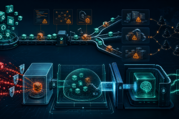 Editorial cybersecurity illustration showing poisoned package artifacts moving through a CI/CD pipeline while defenders isolate untrusted code from AI scanners.