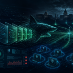 Editorial cybersecurity illustration of SharkLoader malware and Cobalt Strike intrusion activity