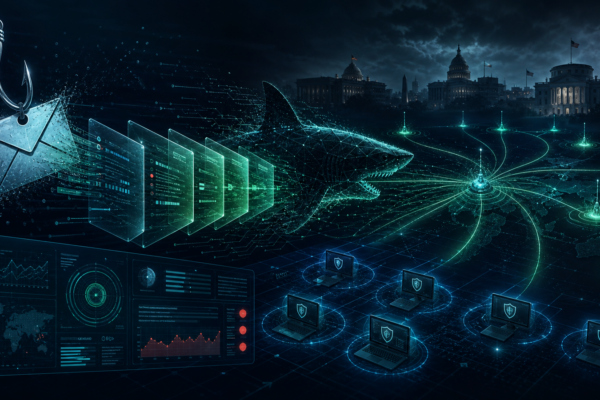 Editorial cybersecurity illustration of SharkLoader malware and Cobalt Strike intrusion activity