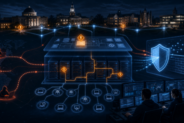 Cyber threat intelligence illustration of defenders monitoring ERP and PeopleSoft administrative endpoints under active exploitation.