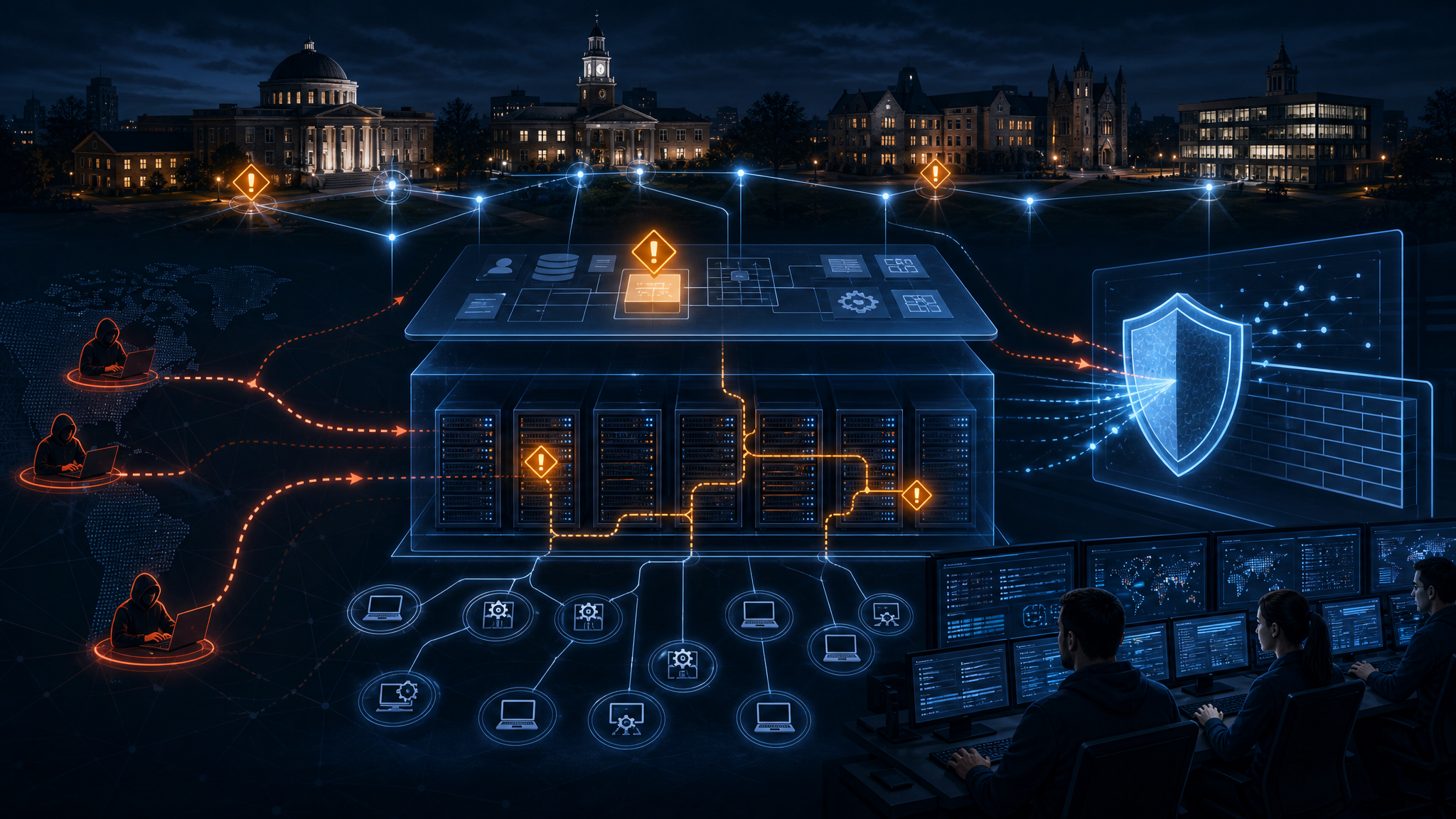 Cyber threat intelligence illustration of defenders monitoring ERP and PeopleSoft administrative endpoints under active exploitation.