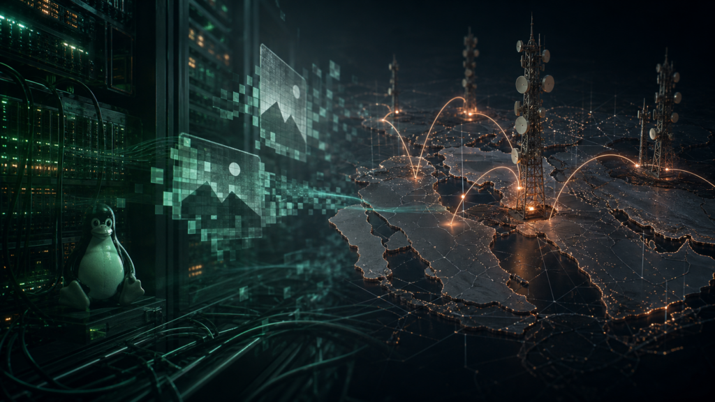Editorial cybersecurity illustration of stealth Linux malware hidden in telecom infrastructure