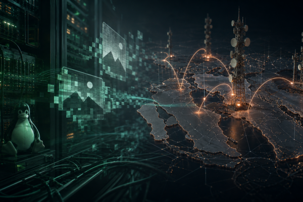 Editorial cybersecurity illustration of stealth Linux malware hidden in telecom infrastructure