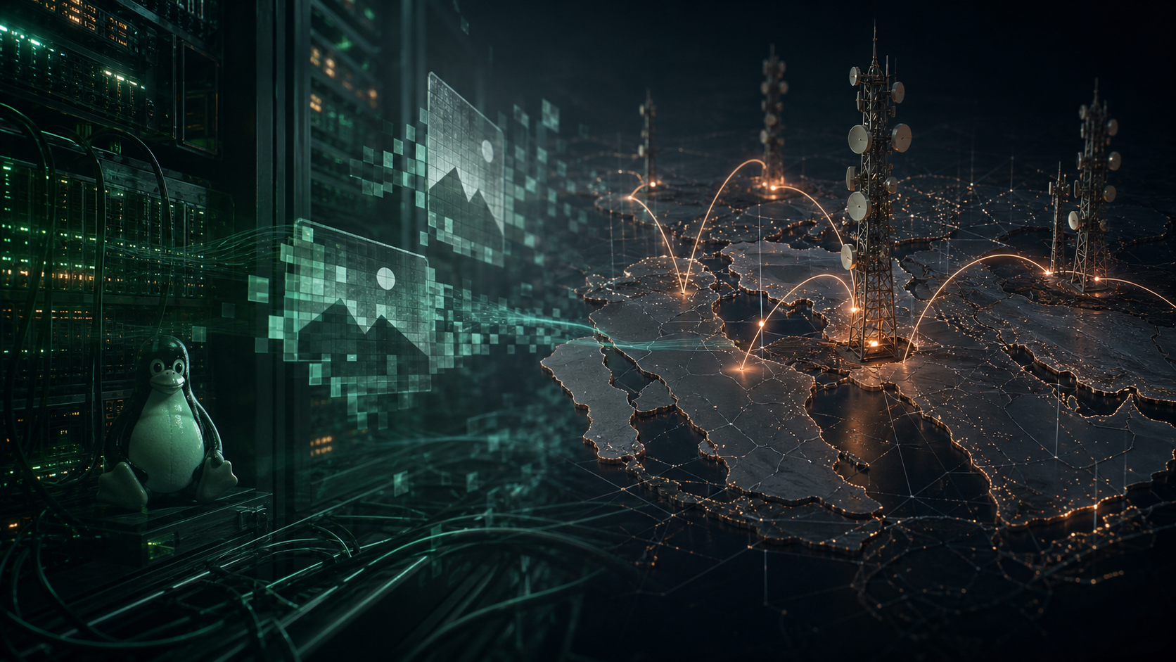 Editorial cybersecurity illustration of stealth Linux malware hidden in telecom infrastructure