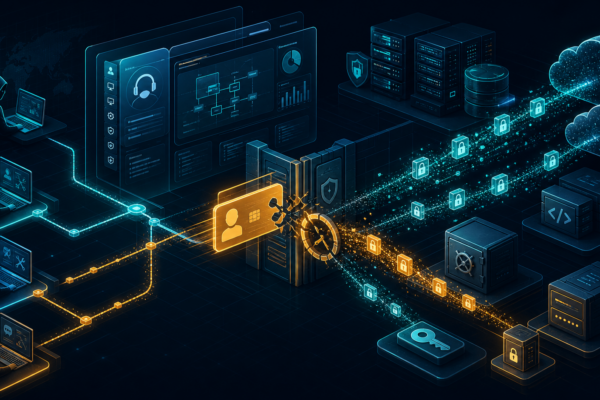 Editorial cybersecurity illustration of SimpleHelp RMM exploitation, forged identity access, and credential exfiltration risk.