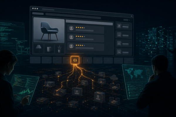 Editorial cybersecurity illustration of a compromised e-commerce review widget supply-chain attack