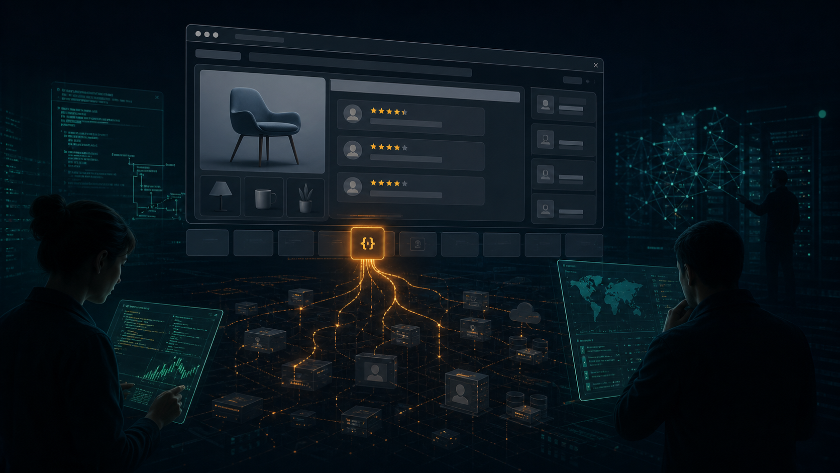 Editorial cybersecurity illustration of a compromised e-commerce review widget supply-chain attack