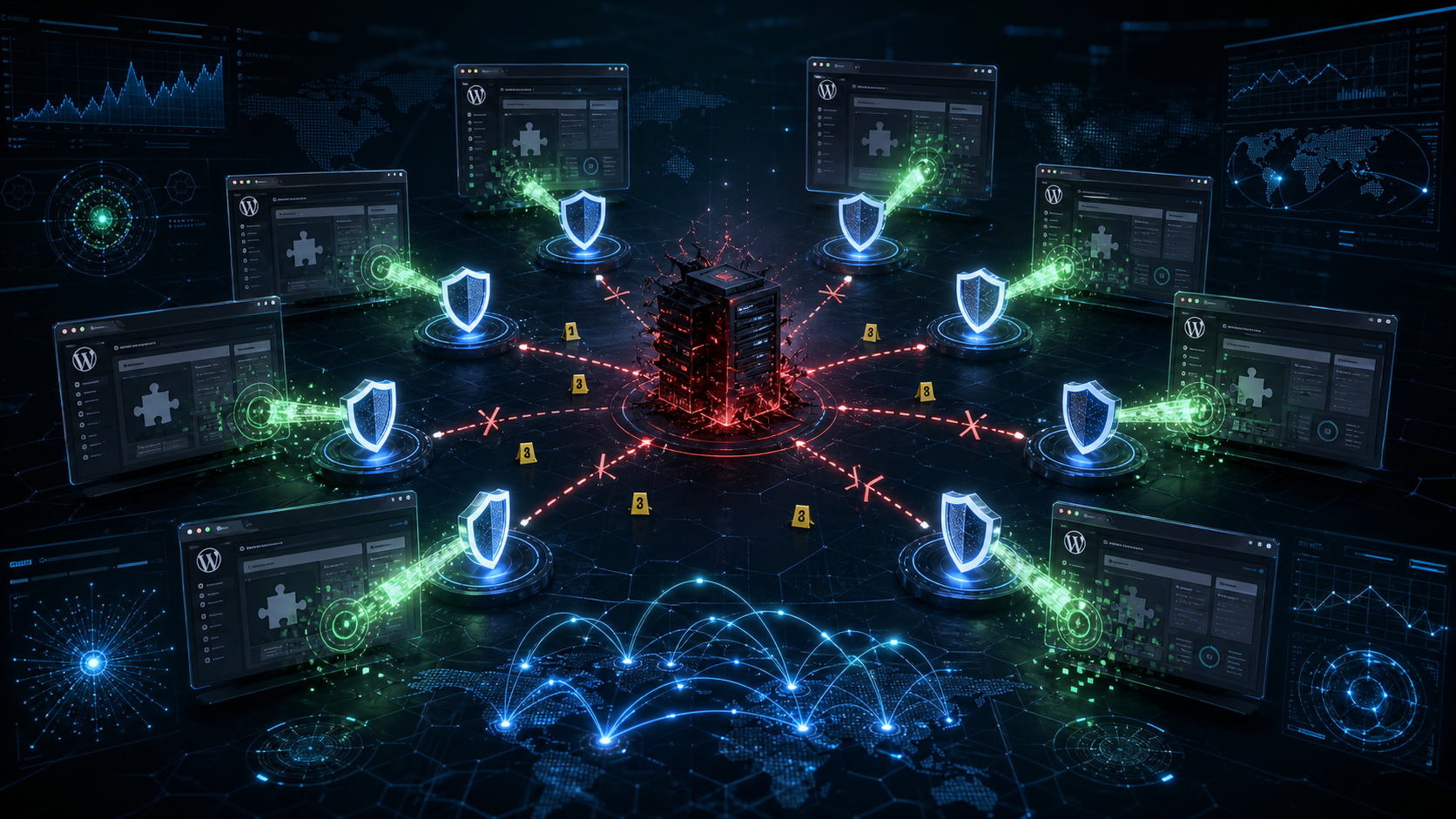 Editorial CTI illustration of Operation Endgame disrupting SocGholish malware infrastructure across compromised websites.