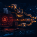 Abstract cybersecurity illustration of an information stealer moving endpoint data through webhook infrastructure.