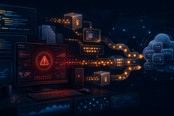 Abstract cybersecurity illustration of an information stealer moving endpoint data through webhook infrastructure.