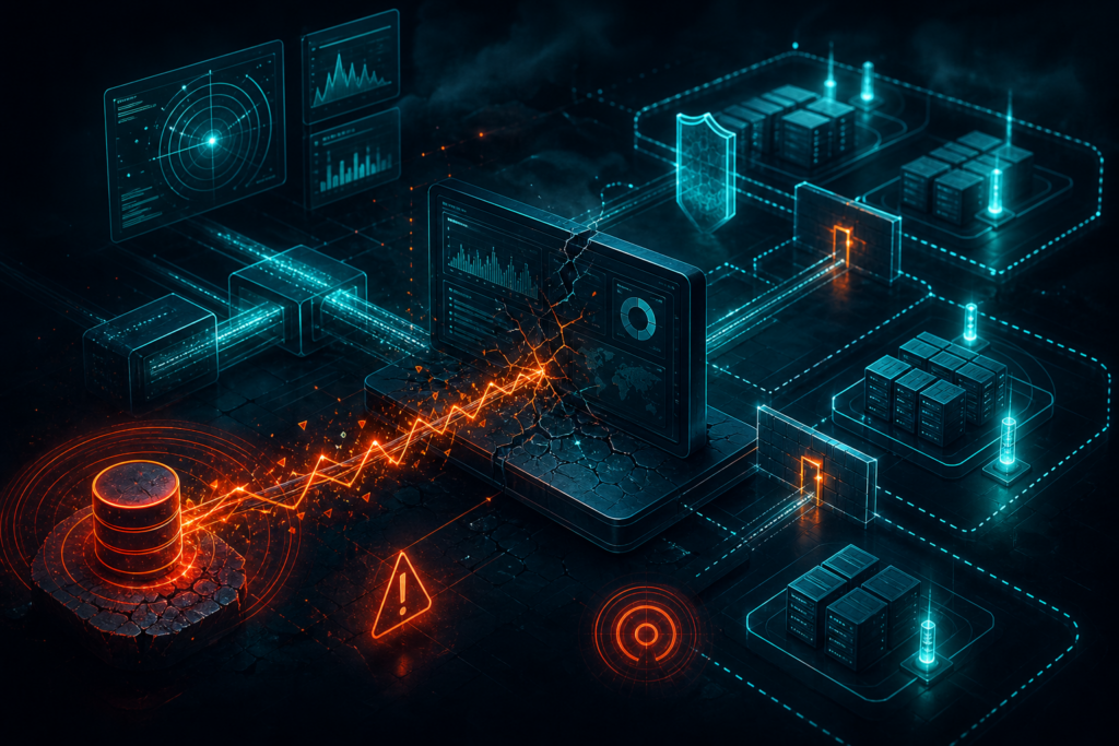 Editorial cybersecurity illustration of a SIEM data pipeline and server infrastructure under attack, representing Splunk Enterprise CVE-2026-20253 defensive hardening.
