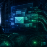 Editorial cybersecurity illustration of executive mailbox espionage and cloud data exfiltration around a stock exchange.