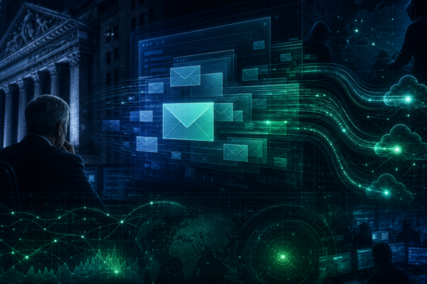 Editorial cybersecurity illustration of executive mailbox espionage and cloud data exfiltration around a stock exchange.