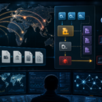 Editorial cybersecurity illustration showing global phishing, remote access tooling, and defensive monitoring for TA4922-style campaigns.