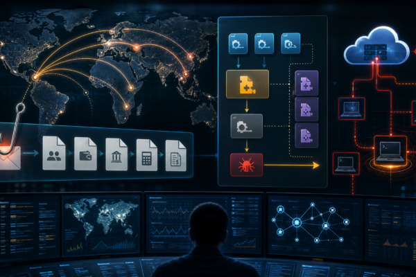 Editorial cybersecurity illustration showing global phishing, remote access tooling, and defensive monitoring for TA4922-style campaigns.