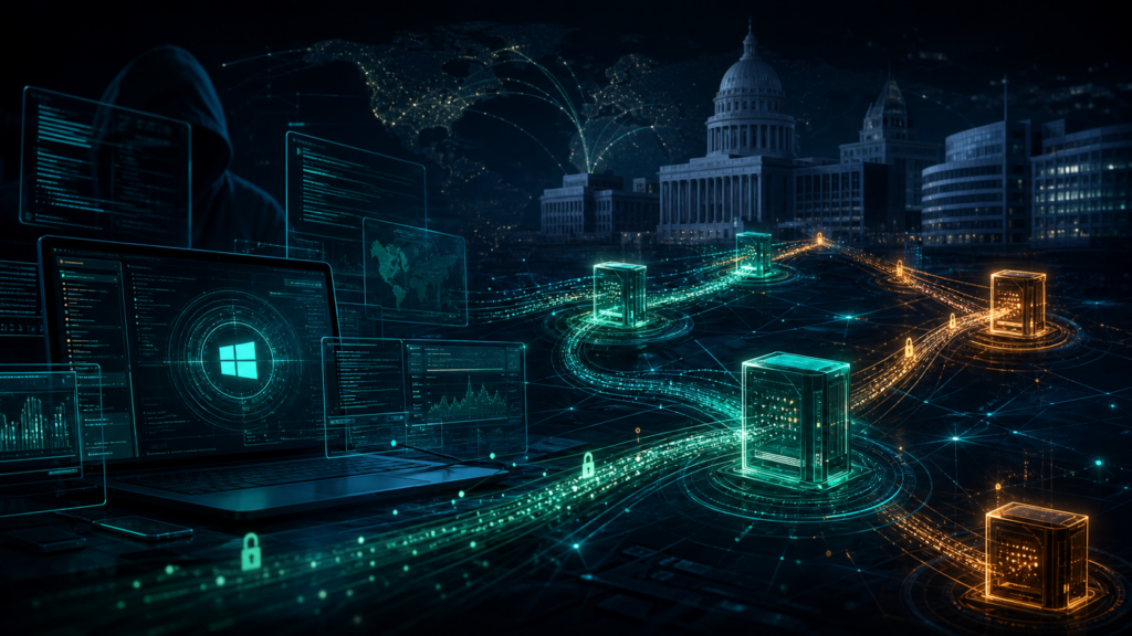 Editorial cybersecurity illustration representing Turla STOCKSTAY WebSocket command-and-control and government espionage activity.