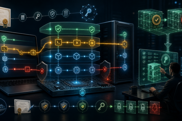 Professional cybersecurity illustration of Secure Boot, UEFI firmware, and DBX revocation defense.