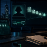 Editorial cybersecurity illustration of a vishing and data theft campaign targeting law firms through remote support tools.