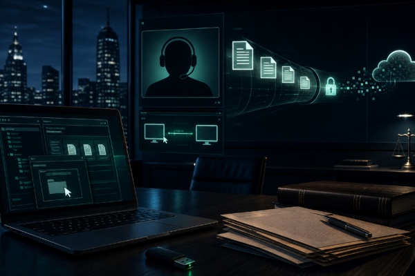 Editorial cybersecurity illustration of a vishing and data theft campaign targeting law firms through remote support tools.