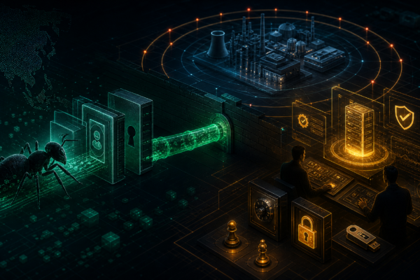 Editorial cybersecurity illustration of authentication-stack compromise and critical infrastructure defense for Velvet Ant Operation Highland.