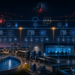 Editorial cybersecurity illustration of municipal water systems, exposed OT interfaces, and segmented network defense.
