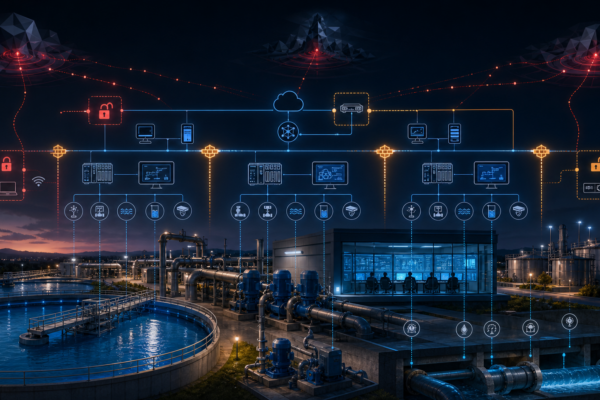 Editorial cybersecurity illustration of municipal water systems, exposed OT interfaces, and segmented network defense.