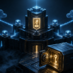 Editorial cybersecurity illustration of ADFS federation signing keys, Machine DPAPI, and cloud identity trust paths.