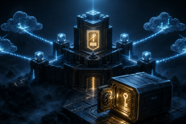 Editorial cybersecurity illustration of ADFS federation signing keys, Machine DPAPI, and cloud identity trust paths.
