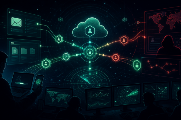 Editorial cybersecurity illustration of Microsoft 365 token phishing and BEC control-plane defense
