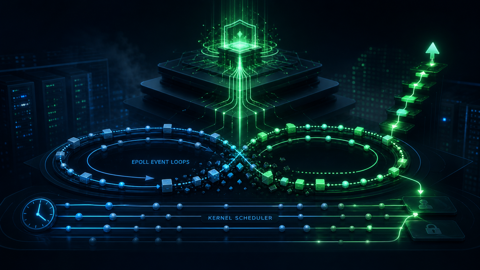 Abstract cybersecurity illustration of Linux kernel epoll event loops and privilege escalation paths for Bad Epoll CVE-2026-46242