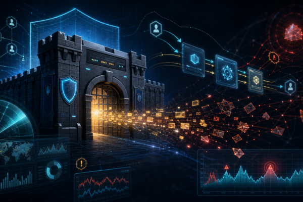 Editorial cybersecurity illustration of a Citrix NetScaler edge appliance leaking memory fragments during SAML authentication