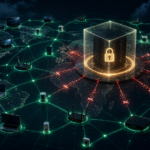 Editorial cybersecurity illustration of consumer devices forming a disrupted residential proxy botnet network