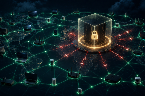 Editorial cybersecurity illustration of consumer devices forming a disrupted residential proxy botnet network
