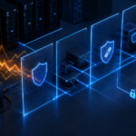 Editorial illustration of UPS monitoring infrastructure protected from command injection abuse.