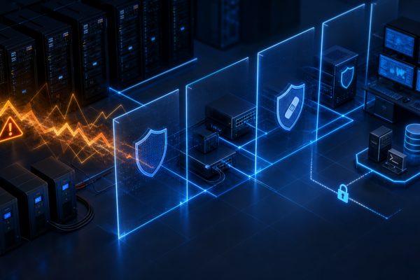 Editorial illustration of UPS monitoring infrastructure protected from command injection abuse.