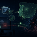 Abstract cybersecurity illustration of the Ousaban banking trojan targeting online banking sessions through phishing and hidden payload delivery.