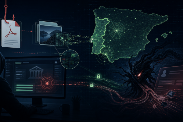 Abstract cybersecurity illustration of the Ousaban banking trojan targeting online banking sessions through phishing and hidden payload delivery.