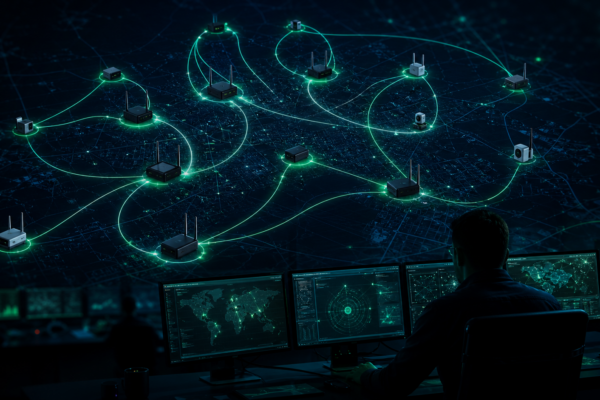 Editorial cybersecurity illustration of compromised edge routers forming a covert relay network for UAT-7810 ORB activity.