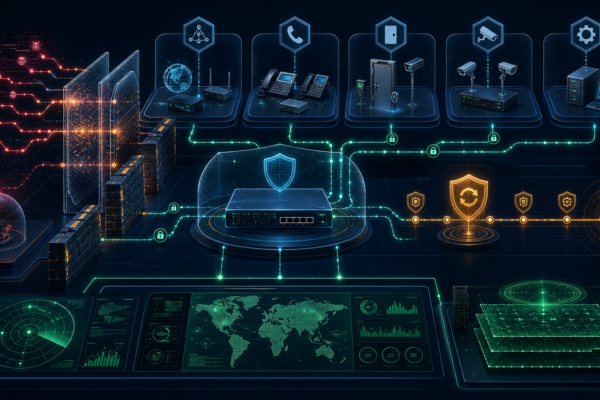 Editorial cybersecurity illustration of Ubiquiti UniFi network appliances under defensive monitoring after critical vulnerability patches.