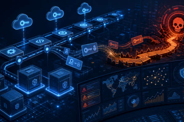 Editorial cybersecurity illustration of supply-chain credentials feeding ransomware deployment paths
