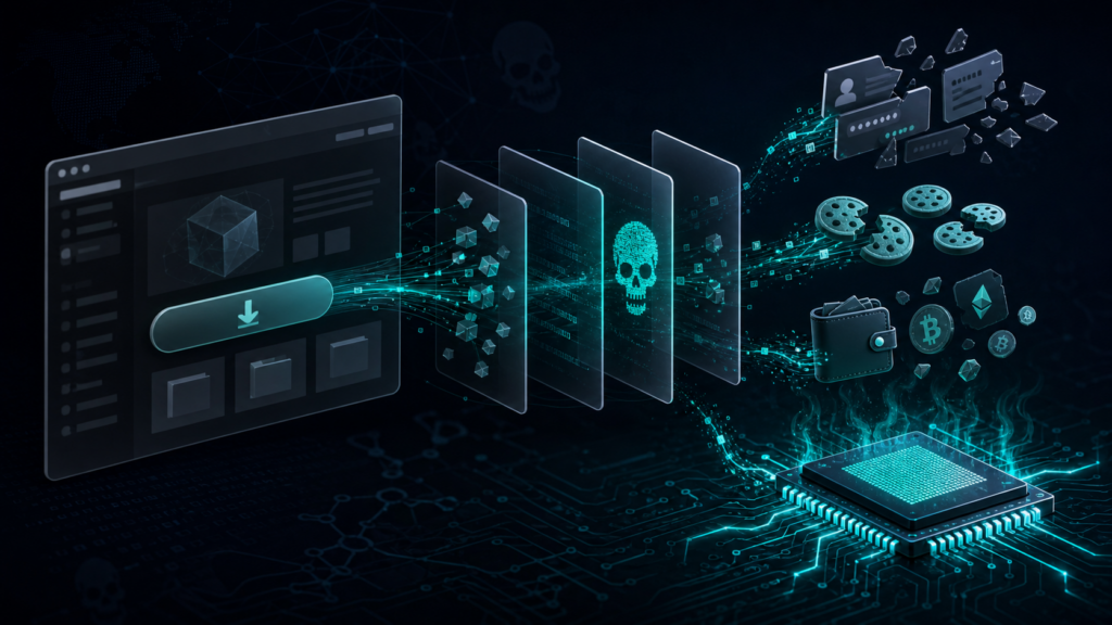 Editorial cybersecurity illustration showing malvertising delivering Vidar stealer and XMRig cryptominer payloads.
