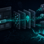 Editorial cybersecurity illustration showing malvertising delivering Vidar stealer and XMRig cryptominer payloads.