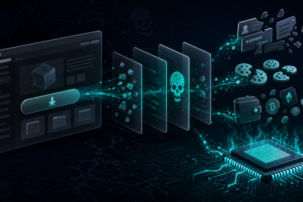 Editorial cybersecurity illustration showing malvertising delivering Vidar stealer and XMRig cryptominer payloads.